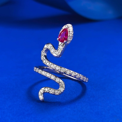 Anello Serpente in Argento Sterling 925 per Donna Con Strass Rosso Taglio a Pera Pavé di Strass Bianchi Gioielli Retro Moda