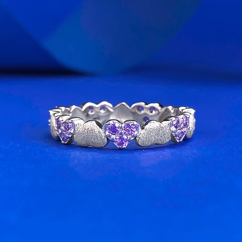 Anello Cuore in Argento Sterling 925 per Donna Vintage Spazzolato Viola Strass Intarsiato Moda Romantico Gioielli da Dito Regalo