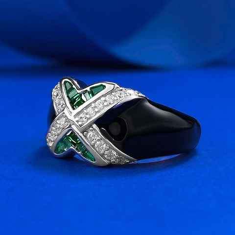 Vintage 925 Sterlingsilber Geometrischer X Kreuz Ring Mit Smaragdgrünem Zirkonia Schwarzer Emaille Unisex Finger Schmuck