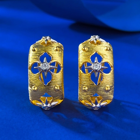 925 Sterlingsilber Gebürstetes Gold Vintage Ohrringe Hohl Stern Strass Besetzt Palast Stil Damen Schmuck Ohrstecker