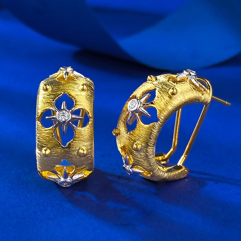 925 Sterlingsilber Gebürstetes Gold Vintage Ohrringe Hohl Stern Strass Besetzt Palast Stil Damen Schmuck Ohrstecker