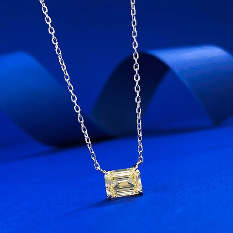 S925 Sterling Silver Emerald Cut Yellow Solitaire Pendant Necklace For Women Elegant Inlaid Rhinestone Fashion Jewelry Gift