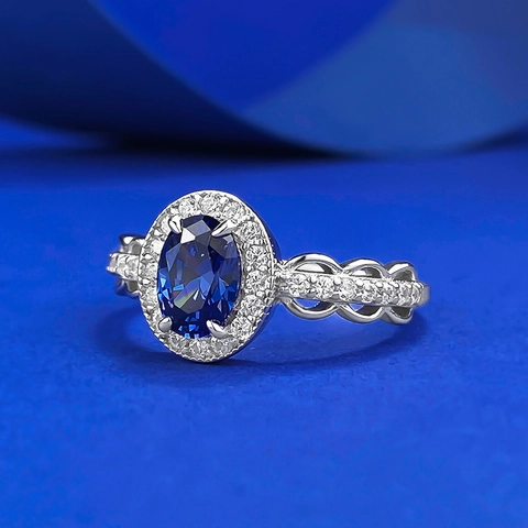 Elegant 925 Sterling Silver Oval Blue Synthetic Sapphire Ring Hollow Halo Zirconia Pave Inlaid Women Fashion Fine Jewelry