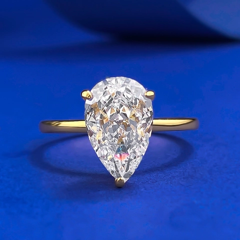 925 Sterling Silver Pear Cut Rhinestone Ring Gold Plated Water Drop Shape Geometric Ring For Women Fashion Jewelry