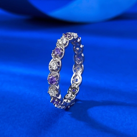 S925 Sterlingsilber Eternity Ring Lila Und Weiß Rund Zirkonia Eingelegt Welle Band Ring Für Damen Mode Schmuck Geschenk