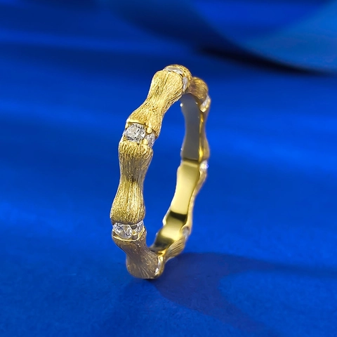 925 Sterlingsilber Ring Bambus Design Vergoldet Handgefertigter Gebürsteter Strass Eingelegter Ring Für Damen Mode Täglicher Schmuck Geschenk