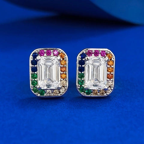 925 Sterlingsilber Regenbogen Smaragdschliff Ohrstecker Geometrische Quadratische Strass Besetzt Schmuck Für Damen Party Alltag