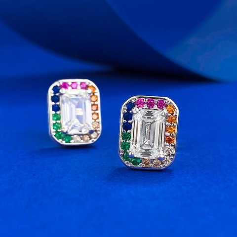 925 Sterlingsilber Regenbogen Smaragdschliff Ohrstecker Geometrische Quadratische Strass Besetzt Schmuck Für Damen Party Alltag