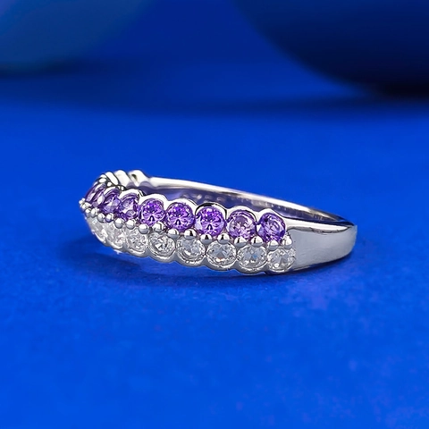 925 Sterling Silver Double Row Purple White Rhinestone Ring Elegant Fashion Jewelry Daily Band For Women Finger Ring