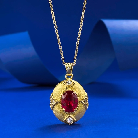 Collar de Colgante de Plata de Ley S925 Granate para Mujer Estilo Chino Vintage Chapado en Oro Cepillado Piedra Roja Ovalada Joyería