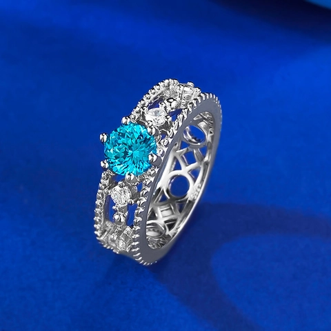 S925 Sterling Silver Sea Blue Round Firework Cut Ring Vintage Hollow Geometric Inlaid Rhinestone Daily Jewelry For Women