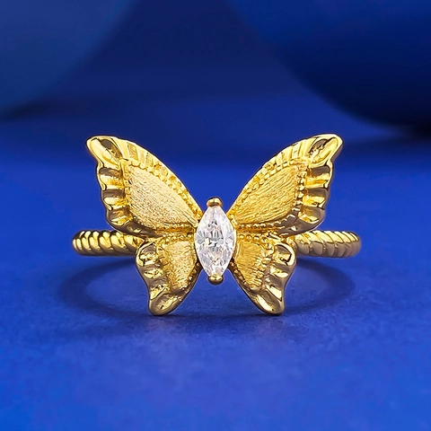 925 Sterling Silver Gold Plated Butterfly Ring With Marquise Cut Rhinestone Inlay Twisted Band Fashion Women Jewelry