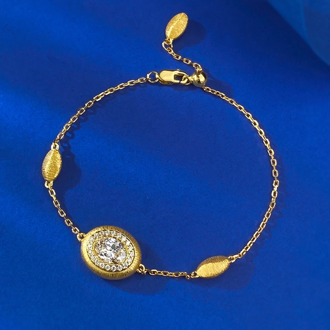 Pulsera Ajustable de Plata de Ley 925 Chapada en Oro Cepillado Ovalada con Diamantes de Imitación Vintage para Mujer Joyería