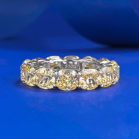 925 Sterling Silver Yellow Rhinestone Pave Ring For Women Minimalist Cushion Cut Eternity Ring Fashion Jewelry Stackable Ring