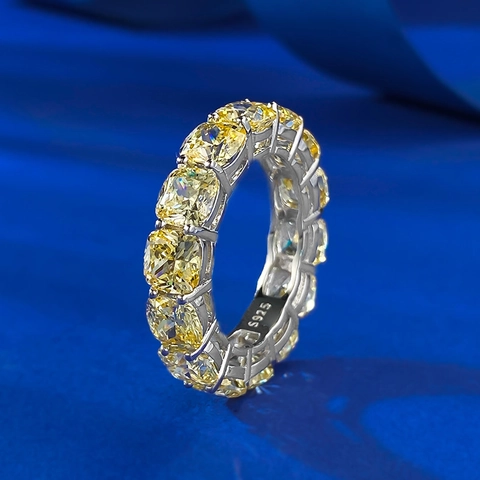 925 Sterling Silver Yellow Rhinestone Pave Ring For Women Minimalist Cushion Cut Eternity Ring Fashion Jewelry Stackable Ring