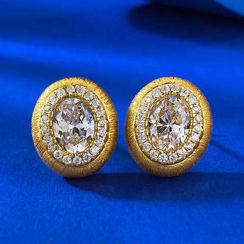 Pendientes de Botón Halo de Plata de Ley S925 Chapados en Oro Forma Ovalada Textura Cepillada Strass Mujer Vintage