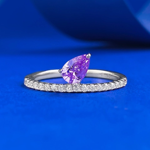 925 Sterling Silver Pear Shape Purple Rhinestone Ring Minimalist Romantic Waterdrop Finger Ring Jewelry For Women Gift