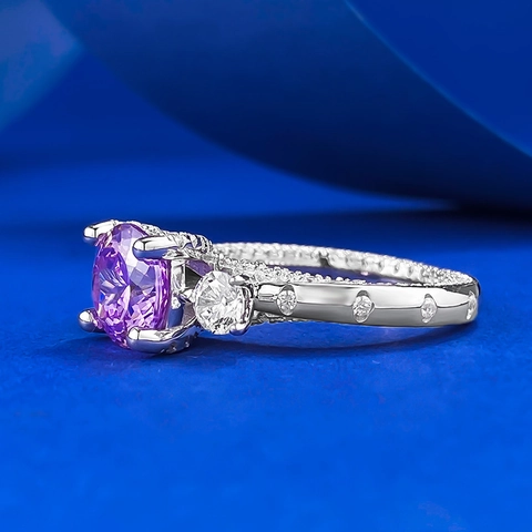 Anello in Argento Sterling 925 con Zirconia Viola Taglio a Fuochi d'Artificio per Donna Dolce Cool Tre Pietre Moda Gioielli Geometrici Versatili