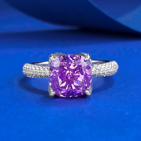 Anello in Argento Sterling 925 Viola Lavanda Taglio Cushion Strass Pavé Bocciolo di Fiore Fascia di Fidanzamento Donna Gioielli