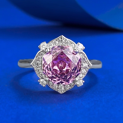 Anillo de Plata de Ley 925 Rosa Púrpura Rosa Geométrica Corte Millennium Diamante de Imitación Floral Incrustado Joyería de Lujo para Mujer