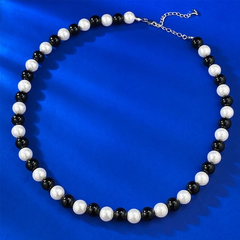 Vintage 925 Sterling Silver Clasp Black Agate Artificial Pearl Beaded Necklace For Women Elegant French Style Collar Chain Jewelry