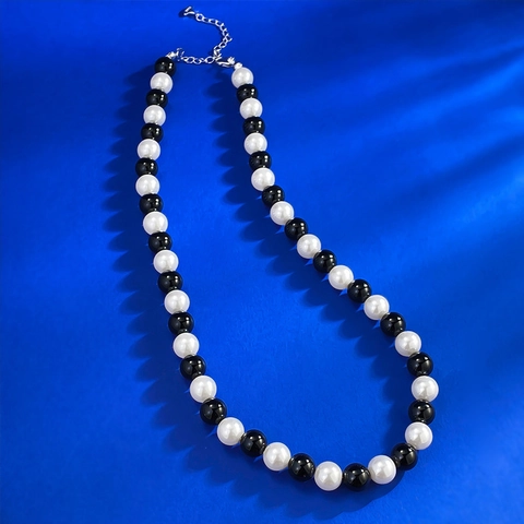 Vintage 925 Sterling Silver Clasp Black Agate Artificial Pearl Beaded Necklace For Women Elegant French Style Collar Chain Jewelry