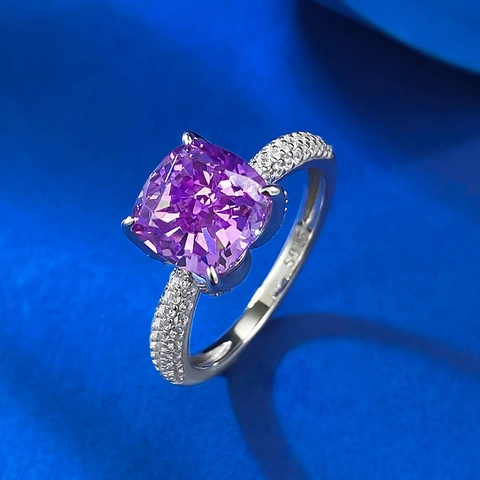 Anello in Argento Sterling 925 Viola Lavanda Taglio Cushion Strass Pavé Bocciolo di Fiore Fascia di Fidanzamento Donna Gioielli