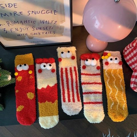 Chaussettes Pelucheuses de Noël pour Femmes Grands Yeux 3D Monstre de Dessin Animé Polaire Corail Chaussettes de Sol Chaudes