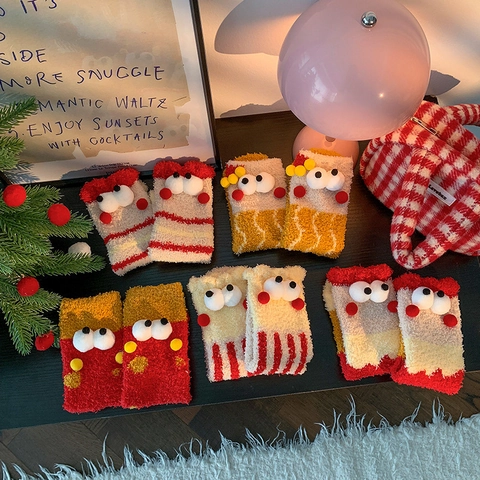 Chaussettes Pelucheuses de Noël pour Femmes Grands Yeux 3D Monstre de Dessin Animé Polaire Corail Chaussettes de Sol Chaudes