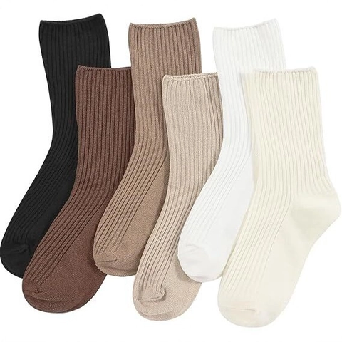 Calcetines Crew de Algodón para Mujer Minimalista Japonés Punto Acanalado Color Sólido Transpirables Sin Costuras