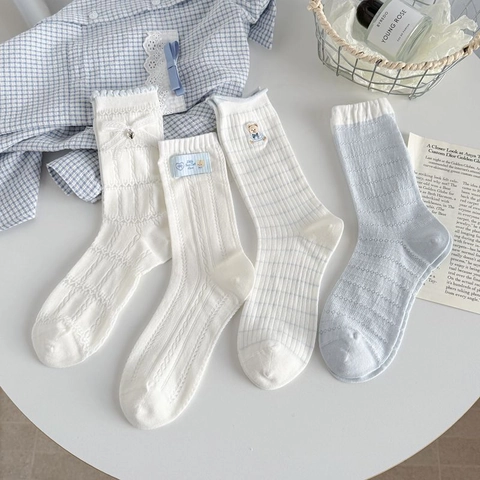 Women Cotton Mid-Tube Socks Cute Bear Embroidery Lace Bow Breathable Mesh Fresh Blue Casual Crew Socks For Summer Spring