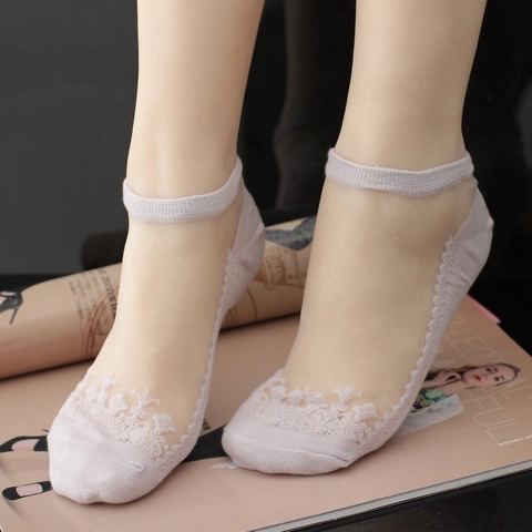 Calcetines Invisibles con Borde de Encaje para Mujer Ultrafinos Transpirables Malla Suela de Algodón Antideslizante Elástico Verano