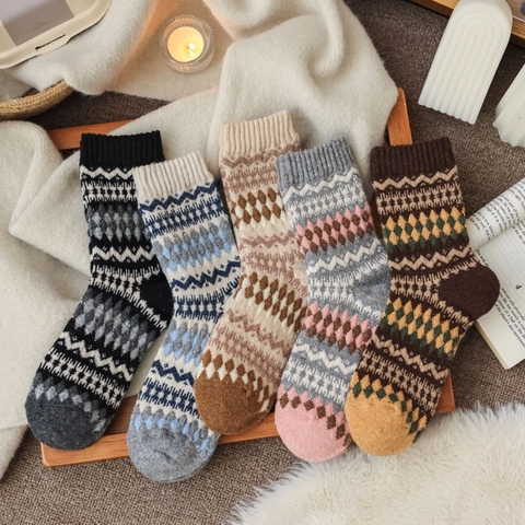 Noorse Fair Isle Argyle Gebreide Wollen Sokken Voor Dames Retro Etnische Stijl Dikke Warme Sokken Voor Herfst Winter