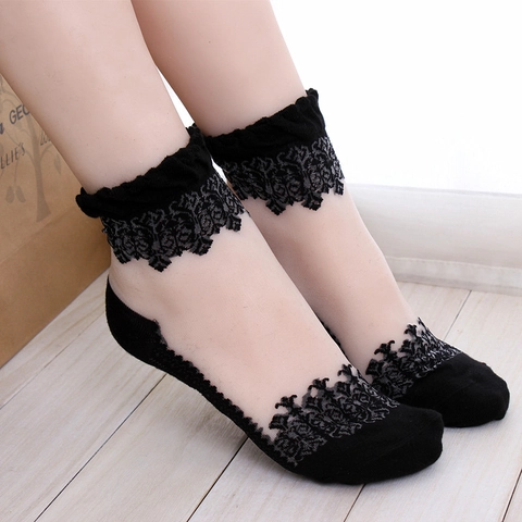 Calze in Seta di Cristallo con Finiture in Pizzo Lolita Barocco per Donna Suola in Cotone Traspirante Calze a Rete