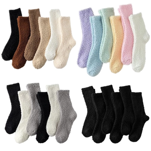 Women Thickened Polyester Fuzzy Socks Winter Warm Mid-Calf Home Sleeping Socks Solid Color Knitted Breathable Soft Comfort Minimalist Socks