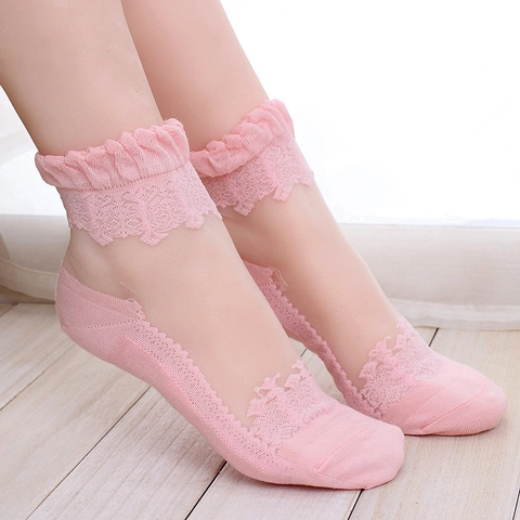 Women Lolita Baroque Lace Trim Crystal Silk Socks Cotton Sole Breathable Sheer Mesh Mid-Calf Socks Sweet Hosiery