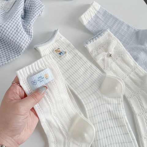 Women Cotton Mid-Tube Socks Cute Bear Embroidery Lace Bow Breathable Mesh Fresh Blue Casual Crew Socks For Summer Spring