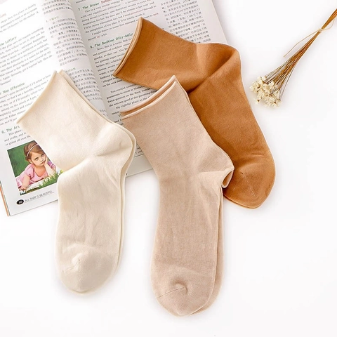 Natural Colored Cotton Mid Tube Socks For Women Breathable Rolled Edge Solid Color Maternity Casual 200 Needles Knit Socks