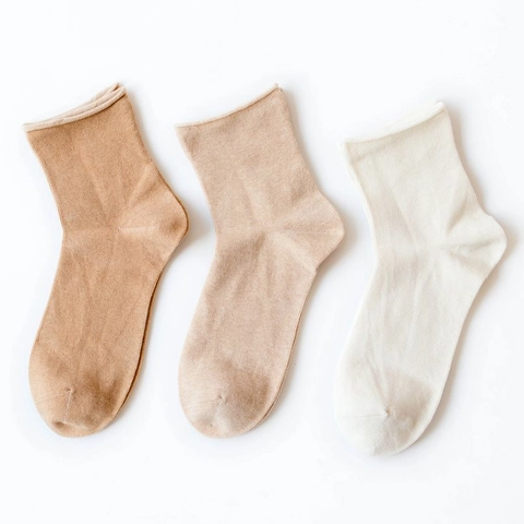 Natural Colored Cotton Mid Tube Socks For Women Breathable Rolled Edge Solid Color Maternity Casual 200 Needles Knit Socks