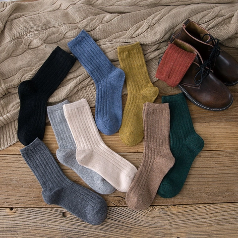 Women Thickened Wool Ribbed Mid-Calf Socks Winter Warm Solid Color Vintage Soft Elastic Breathable Casual Thermal Socks