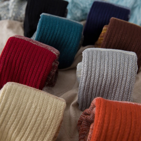 Women Thickened Wool Ribbed Mid-Calf Socks Winter Warm Solid Color Vintage Soft Elastic Breathable Casual Thermal Socks