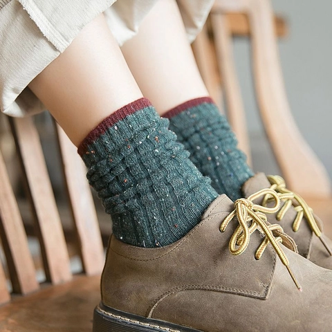 Damen Vintage Wolle Gesprenkelt Rippstrick Crew Socken Winter Warm Kontrast Bündchen Noppengarn Casual Mode Socken