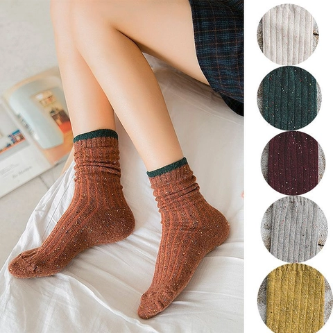 Damen Vintage Wolle Gesprenkelt Rippstrick Crew Socken Winter Warm Kontrast Bündchen Noppengarn Casual Mode Socken