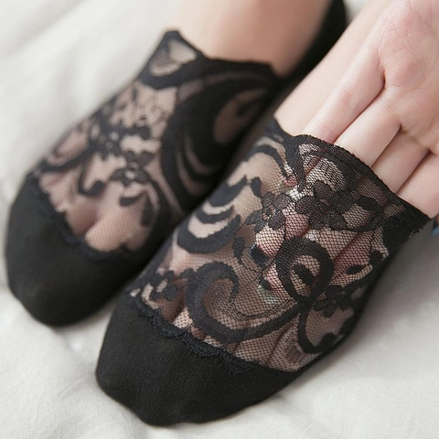Chaussettes Invisibles Femme Élégante en Dentelle Florale Nylon Coton Anti-glisse Socquettes Été Respirantes