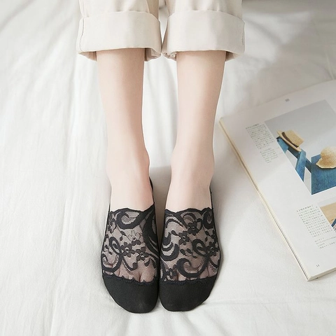 Chaussettes Invisibles Femme Élégante en Dentelle Florale Nylon Coton Anti-glisse Socquettes Été Respirantes