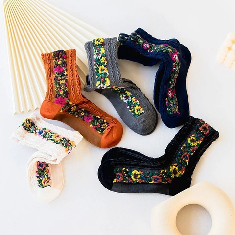 Dames Vintage Mori-stijl Katoenmix Kabelpatroon Halfhoge Sokken Retro Bloemen Jacquard Sokken Voor Winter Dagelijks Gebruik