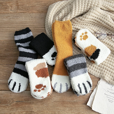 Warm Coral Fleece Cat Paw Socks For Women Thickened Fuzzy Mid Calf Winter Sleeping Floor Socks Cartoon Animal Plush Socks