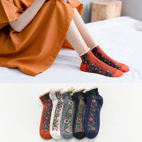 Calcetines Cortos de Algodón Vintage para Mujer con Borde de Volantes de Encaje Estilo Pastoral Rétro Casual Transpirable