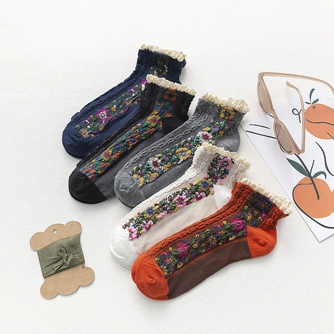 Calcetines Cortos de Algodón Vintage para Mujer con Borde de Volantes de Encaje Estilo Pastoral Rétro Casual Transpirable