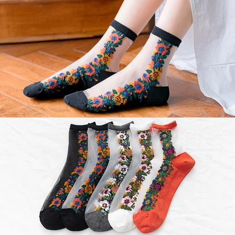 Calze da Donna Vintage con Ricamo Floreale in Rete Velata Calzini in Nylon Trasparenti e Traspiranti Moda Estiva Elegante